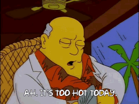 a cartoon character says " ah it 's too hot today " while sitting in a chair